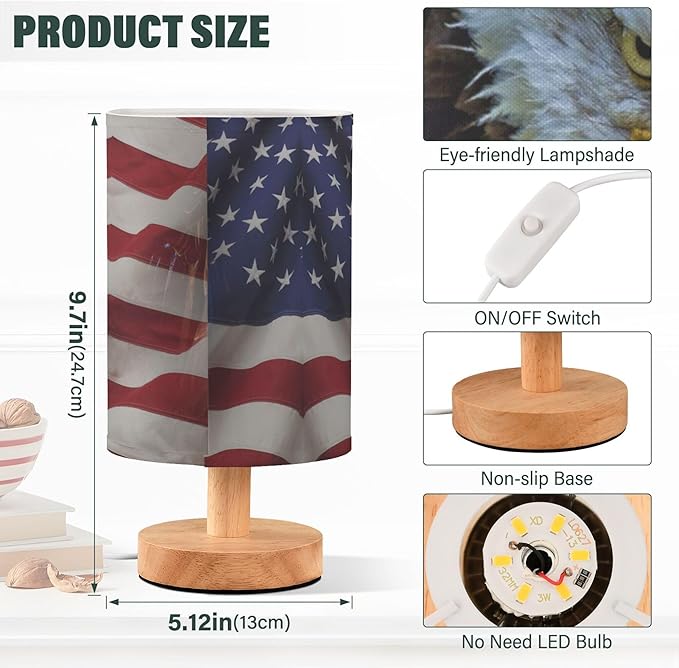 Table Lamp American Bald Eagle on USA Flag Nightstand Lamp with Wood Base Fabric Lamp Shade Bedside Desk Lamp for Living Room Bedroom Kids Room Office