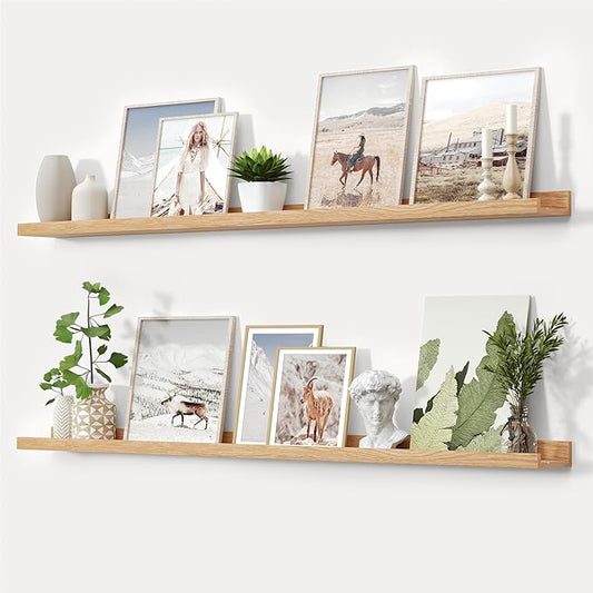 Oak Picture Ledge Shelf,Floating Wall Mounted Shelves, Black Shelves for Wall Decor, Modern Picture Ledge Shelf with Lip for Storage, Bedroom, Living Room, Bathroom,Nursery Display