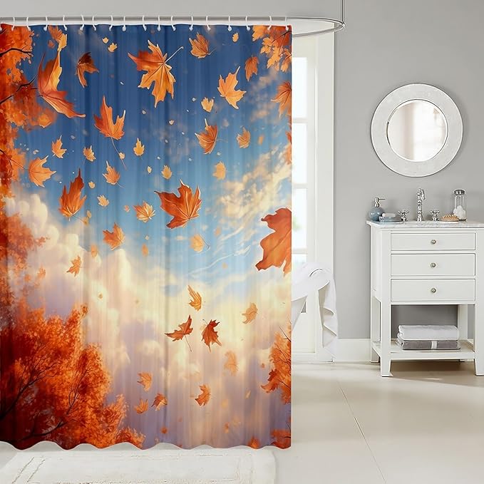 Feelyou Maple Leaf Shower Curtain Autumn Fabric Shower Curtain for Kids Nutrue Theme Bathroom Waterproof Accessories with 12 Hooks Women Men Sky Cloud Curtains,72x72 Inches
