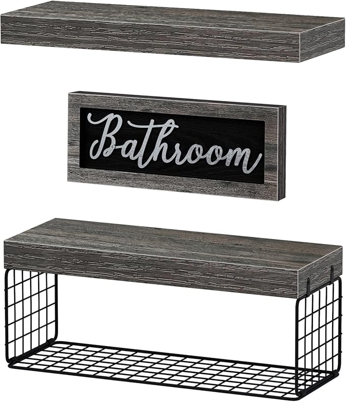 QEEIG ‎Bathroom Shelves Over Toilet - Paper Storage Wall Mounted Farmhouse Decor Decorations Aesthetic Décor Sign Small Floating Shelf 2+1 Set 16 inch, Grey (020GY)