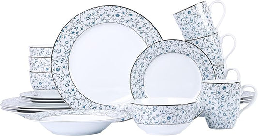 20-Piece Dinnerware Set for 4 - Blue and White Floral Design, Hand-Gilded Gold Rim
