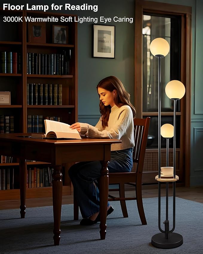 63IN Dimmable Floor Lamp with Shelf, Unique Globe Black Tall Standing Lamps with 3 Poles, 3000K Warmwhite Mid Century Modern Floor Lamp for Living Room Home Office(Bulbs Included)