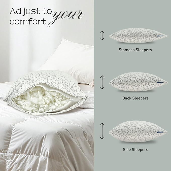 Shredded Memory Foam Pillow for Sleeping, Cooling Bed Pillows Queen Size Set of 2, Adjustable Soft and Firm Pillows or Side, Back, Stomach Sleepers with Washable Removable Bed Pillow Cover