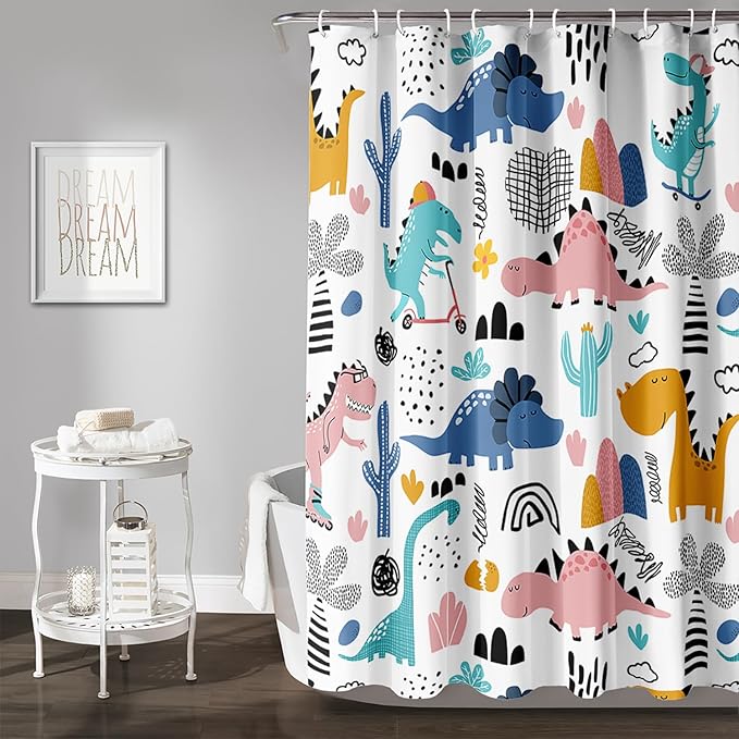 AILONEN Dinosaur Shower Curtain for Kids Boys,Cartoon Dinosaur Bath Curtain 72" W*84" H,Cactus Rainbow Dinosaur Waterproof Shower Curtain with 12 Plastic Hooks