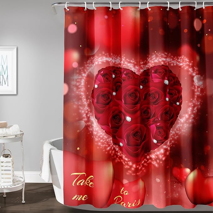 AILONEN Red Rose Hearts Printed Shower Curtain,Romantic Rose Lover Couple Bath Curtain,Fantasy Love Hearts Red Curtain for Bathroom Decor 72" W x 72" H,Waterproof