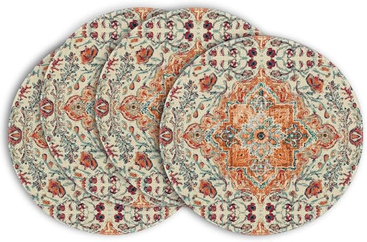 Artoid Mode Boho Round Placemats Set of 4,14 Inch Seasonal Daily Orange Teal Flowers Bohemia Table Mats for Party Kitchen Dining Decoration