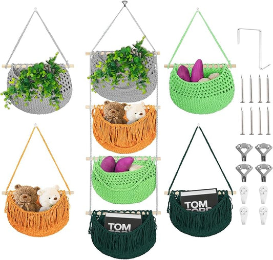 4 Tier Hanging Fruit Basket for Kitchen, 4 Pack Detachable Cotton Crocheted Wall Hanging Basket Over Door Organizer for Fruit Veggie Plant, Hanging Shelves for Bedroom Bathroom (Mixed Color)