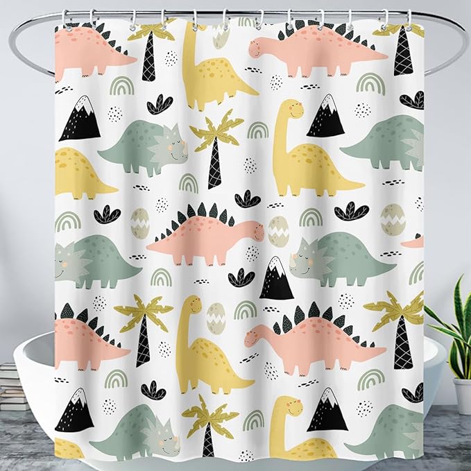 AILONEN Dinosaur Shower Curtain for Kids Boys Girls, Cute Kawaii Dinosaur Bathroom Curtain,Tropic Tree Leaves Printed Bath Curtain 72" W*72" H Polyester Waterproof Bathroom Curtain with 12 Hooks