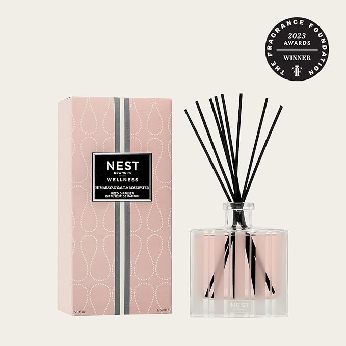 NEST New York Reed Diffuser, Himalayan Salt & Rosewater - 5.9 fl oz - Fragrance for Up to 90 Days - Reusable, Refillable Glass Holder - Includes 8 All-Natural Reed Sticks - Flame Free