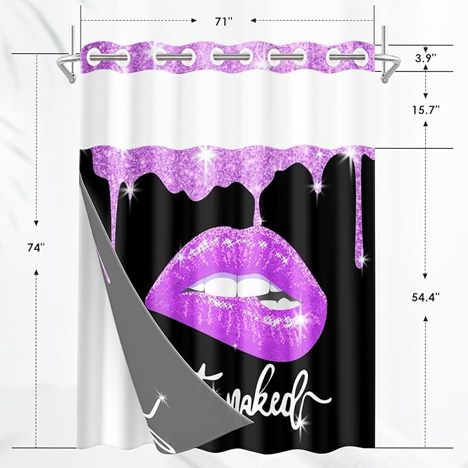Purple Lips No Hook Shower Curtain with Snap in Liner, Diamond Glitter Get Naked Black Bath Curtain with Double Layers Waterproof Fabric and Mesh Top Window 71x74 Inch