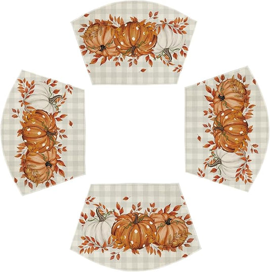 Artoid Mode Orange Buffalo Plaid Pumpkin Leaf Round Table Wedge Placemats Set of 4, Seasonal Fall Kitchen Dining Table Decoration for Indoor Party Home