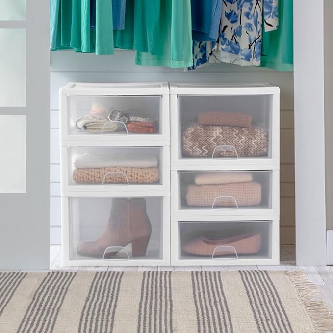 Sterilite 4-Pack 27 Quart Stacking Drawer, Clear Storage Closet Organizer, White Frame - Stackable Modular Plastic Drawers for Clothes, Accessories, Craft Supplies, Shoes or Linens