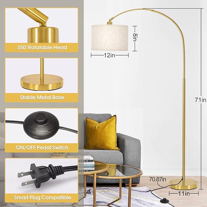 Gold Floor Lamp, Arc Floor Lamp for Living Room with Adjustable Drum Lampshade, Modern Tall Standing Lamp with On/Off Foot Switch, Over Couch Arched Reading Light for Reading, Bedroom, Office
