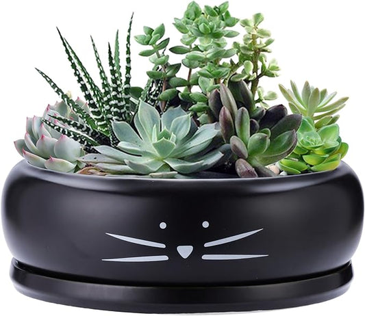 Koolkatkoo 8 Inch Cat Ceramic Succulent Planter Pot with Drainage Hole and Tray Flower Pot for Indoor and Outdoor Plants Round Shallow Planter Gifts for Cat Lovers Black
