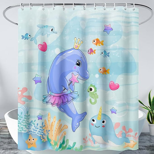 AILONEN Cute Dolphin Shower Curtain for Bathroom, Dolphin Fish Ocean Bath Curtain,Modern Minimalist Blue Waterproof Fabric Shower Curtain Set with Hooks 72" W*96" H