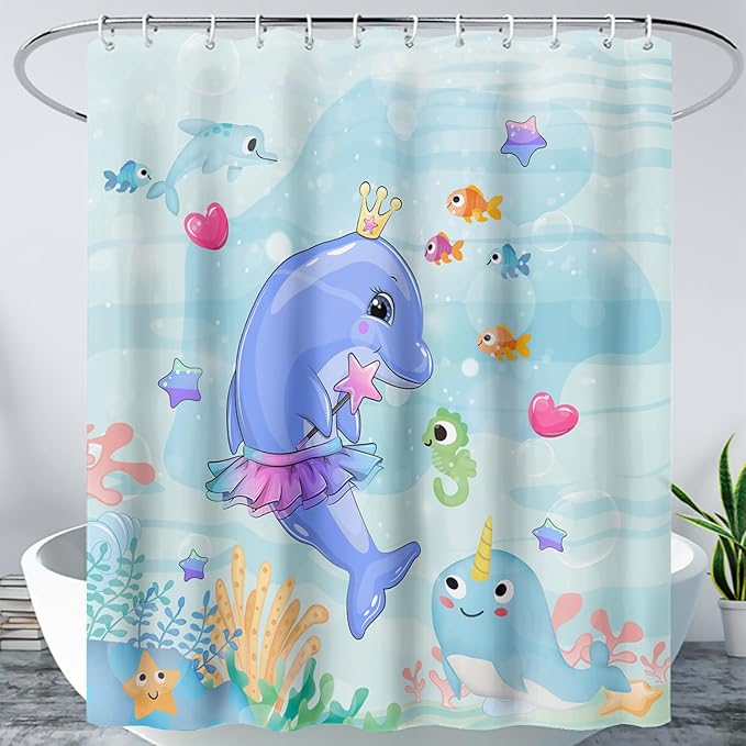 AILONEN Cute Dolphin Shower Curtain for Bathroom, Dolphin Fish Ocean Bath Curtain,Modern Minimalist Blue Waterproof Fabric Shower Curtain Set with Hooks 72" W*84" H