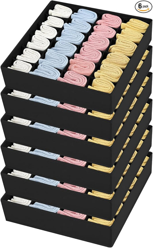 Joyoldelf Sock Organizer Drawer Organizer - Underwear Organizer, 24 Cell Collapsible Closet Organizers and Storage Sock Holders Organizers for Storing Socks, Ties, Belts 6 Pack Black