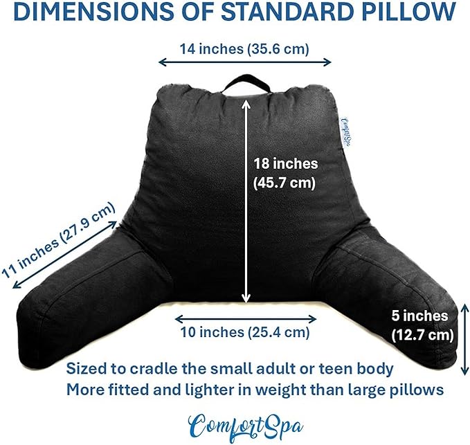 ComfortSpa Reading Pillow for Bed Adult Size, Back Rest Pillow with Arms, Pockets, Washable Cover; Use as Back Pillow for Bed Sitting Up for Bedrest or Relief from GERD Heartburn (Large Black)