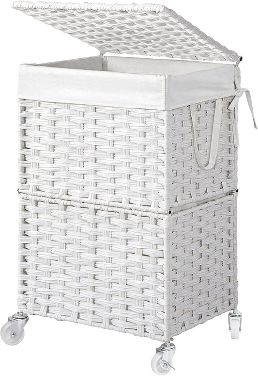Chrislley 90L Slim Laundry Hamper with Wheels,Rolling Laundry Basket with Lid and Renovable Liner Bag,Handwoven Rattan Organizer for bedroom, bathroom, laundry room (White)