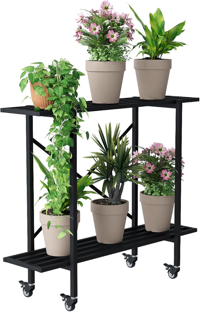 Zhongma 2 Tier Metal Sturdy Narrow Plant Stand with Wheels, Plant Stand Indoor and Outdoor, L35.43 x W10.3 x H29.9 inch, 440 LBS Capacity & Heavy Duty Construction.