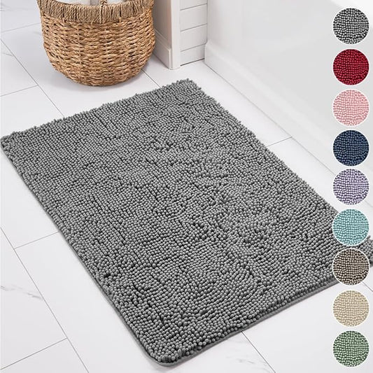 KANGAROO Bathroom Rugs, Chenille Soft Absorbent Bath Rug, Shaggy Shower Mat, Quick Dry Machine Wash Bathmat, Plush Carpet Mats for Tub, Bathtub and Room Home Decor Accessories, 24x17, Gray