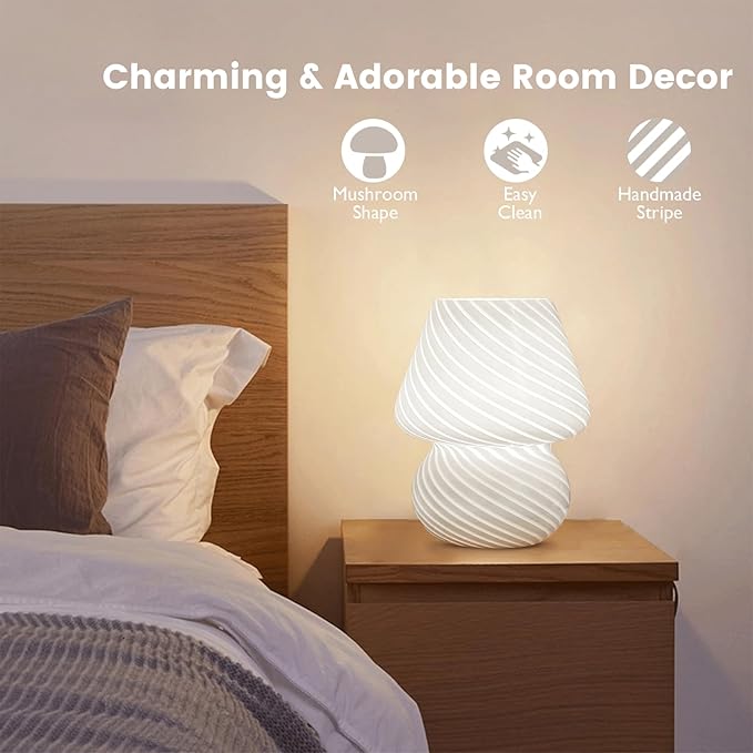 USB Plug-in Mushroom Lamp Small Bedside Table Lamp with 3 Temperature LED Bulb,Free Dimming Nights Light for Bedroom/Living Room/Entryway/Corner Decor (Stripe White)