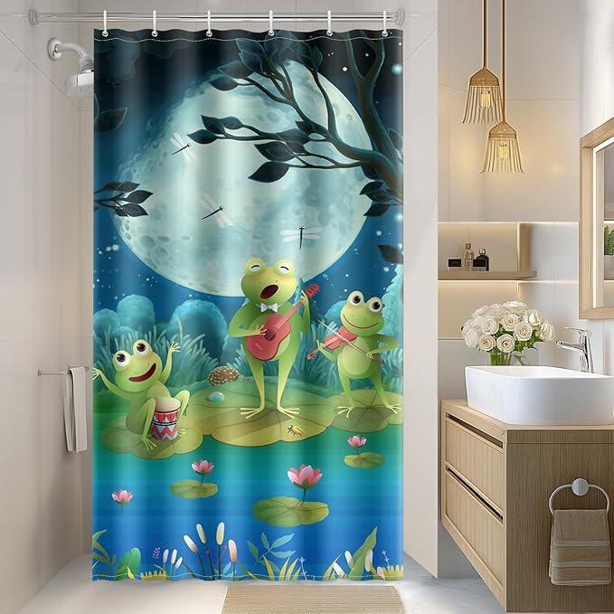 Aimego Stall Small Shower Curtain - Funny Cute Cartoon Frogs Dragonfly Lotus Leaf Floral Pond Moon Fun Narrow Half Fabric Cloth Bath Shower Curtain Set for Kids Bathroom Decor Accessories, 36"x72"