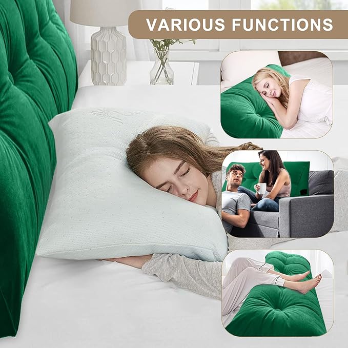 Large Triangular Headboard Pillows Long Backrest Positioning Support Bolster Cushion for Daybed Fluffy Quality Plush Body Wedge Pillow with Removable Cover(Dark green-Queen-59x8x20in)
