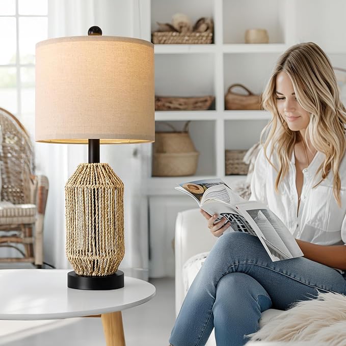 OYEARS 21" Boho Table Lamps Set of 2 for Living Room, Bedside Lamps for Nightstand, Rattan Lamp for Bedroom, Farmhouse Table Lamps for Boho Decor, End Table, Retro, Black