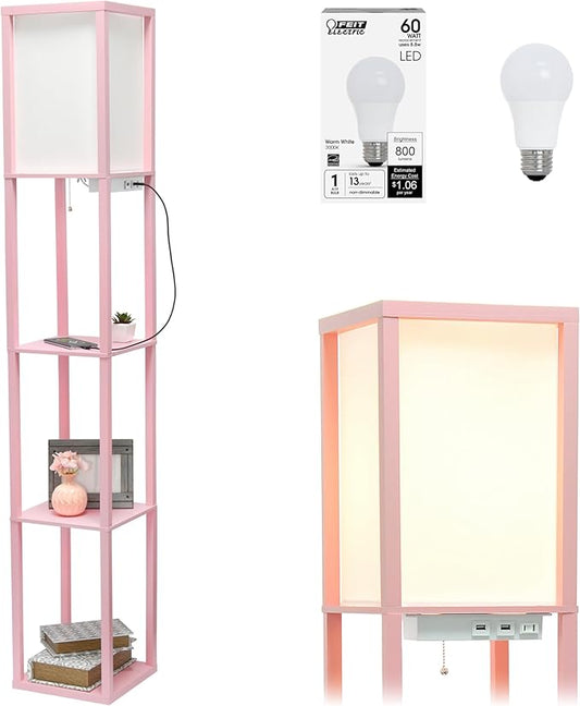 Simple Designs LF1037-LPK-LB Three Shelf Etagere Organizer Storage Floor Lamp with 2 Dual USB Ports and Charging Outlet, Light Pink, with Feit LED Bulb Included