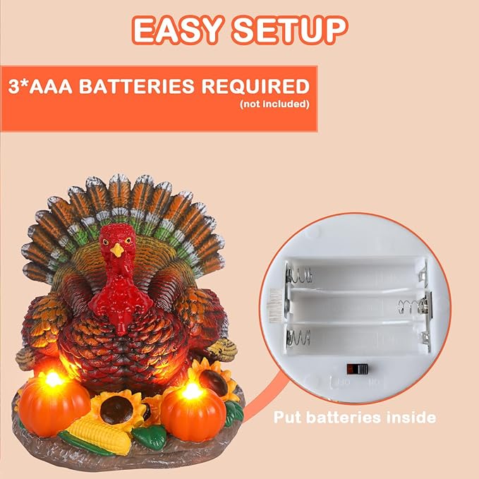 Thanksgiving Turkey Decorations Indoor Resin Turkey Figurines with 2 Pumpkin Electric Candlesticks Fall Harvest Table Decor for Home Office Shelf Kitchen - Thanksgiving Autumn Gift