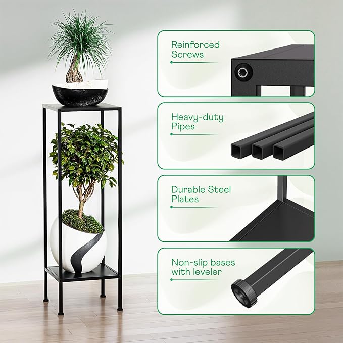 IDZO Tall Metal Plant Stand Black, 2 Tier Plant Stand Indoor and Outdoor, Modern Living Room Decor and Patio Display Shelf for Planters, Flowers, and Home Accessories