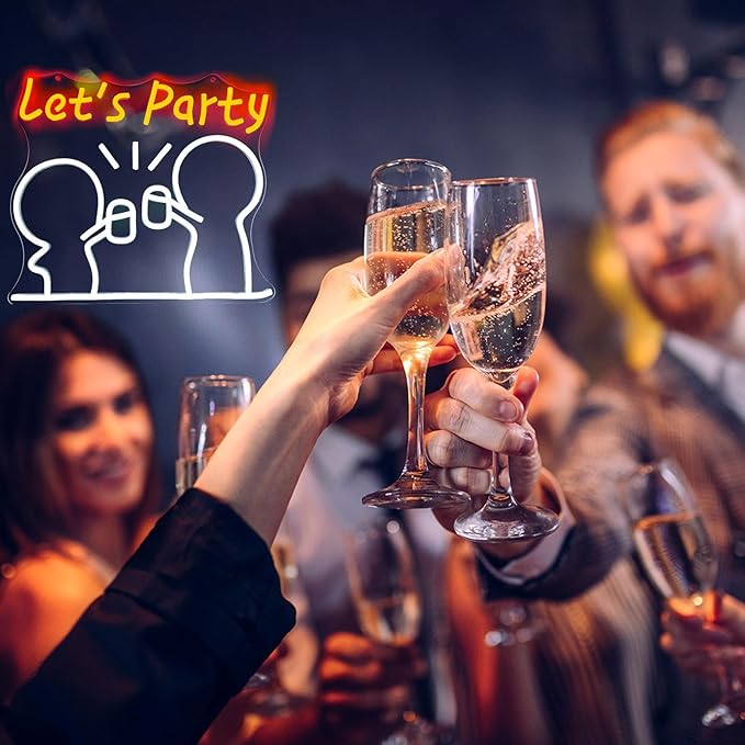 Let's Party Neon Sign - Dimmable neon LED sign with 5V Charger, Original Design for Creating a Happy Atmosphere, Can be used for Birthday Wedding Bars Drink Good Vibes Neon Sign