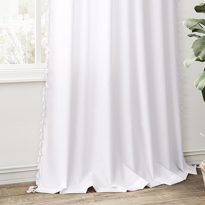 White Linen Boho Curtains 2 Panels 84 Inches Long Semi Sheer Privacy Curtains Tassel Back Tab Top Light Filtering Neutral Farmhouse Curtain for Living Room Bedroom 52x84