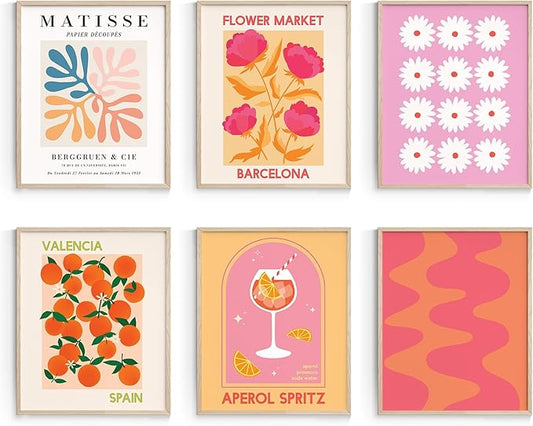 Habseligkeit Flower Market Wall Art Posters for Room Decor Aesthetic, Pink Wall Decor, Warm Matisse Home Decor for Girls Dorm, Unframed, 11x14in, Set of 6