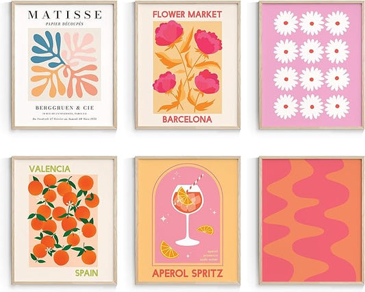 Habseligkeit Flower Market Wall Art Posters for Room Decor Aesthetic, Pink Wall Decor, Warm Matisse Home Decor for Girls Dorm, Unframed, 8x10in, Set of 6