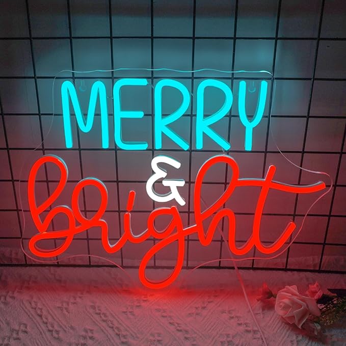 NOSUN Merry Bright Neon Sign,Merry Christmas Neon Signs Christmas Sign Light with Acrylic Board,Dimmable Switch Neon Sign,Christmas or Indoor Party Kids Bedroom Wedding Bar Pub Club Christmas Decor