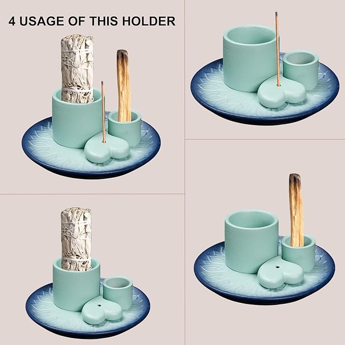 4 in 1 Incense Burner Holder,Incense Sage and Palo Santo Holder,Incense Stick Holder,Ceramic Incense Holder Ash Catcher,for Meditation Room (Black + Blue)