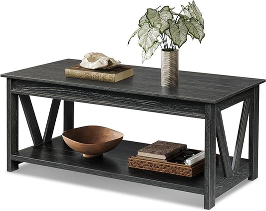 WLIVE Coffee Table, 43" Farmhouse Coffee Table with Storage Shelf & Sturdy V-Shaped Support, Wood Center Table for Living Room, Bedroom, Office and Balcony, Black