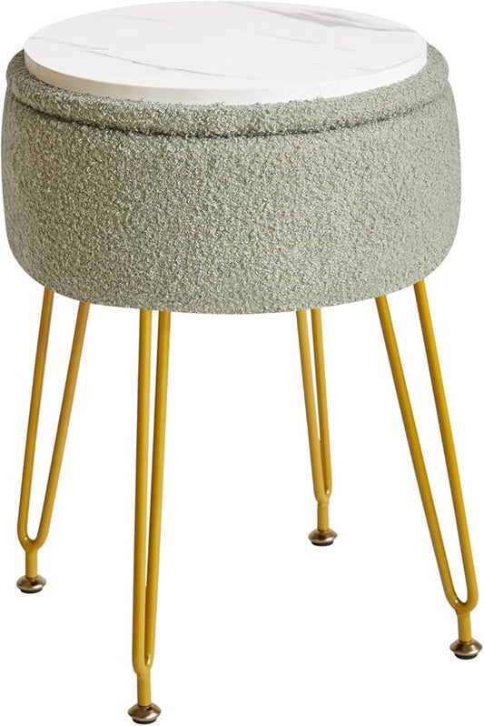 IBUYKE Teddy Velvet Storage Footrest Stool Ottoman, Makeup Vanity Stool Side Table with Removable Cover, Golden Steel Legs, Coffee Table Top Cover, Light Green WBD010D