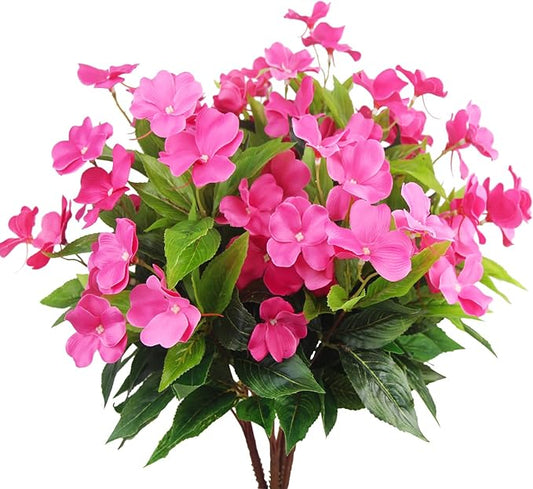 4 Pcs Artificial Flowers Outdoor Impatiens UV Resistant Silk Impatiens Flowers Rose Red Faux Flowers Impatiens Bushes Artificial Impatiens for Pot Patio Lawn Garden Hanging Basket Porch Decor