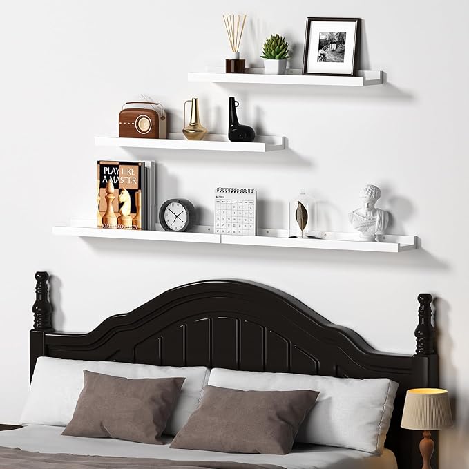 Floating Shelves for Wall Decor White, Rustic Solid Pine Wood Floating Shelves Wall Mounted, Wall Shelves with Lid for Living Room Bathroom Bedroom Kitchen, 16 Inch Set of 4 (White, 4Pack 16inch)