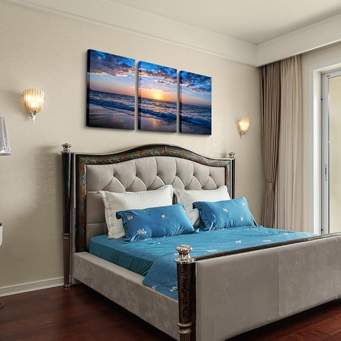 hyidecorart 3 Piece Canvas Wall Art -Sunrise blue sea view Landscape - Modern Home Decor Room Stretched and Framed Ready to Hang - 12"x16"x3 Panels