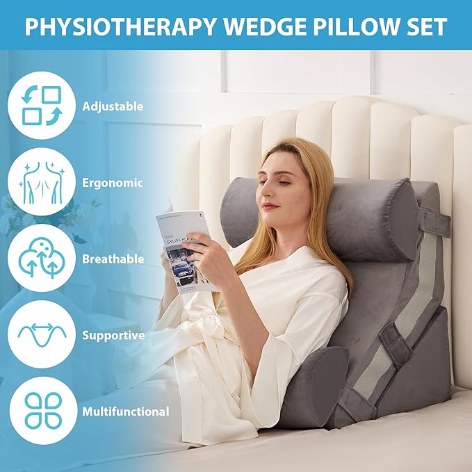 4pcs Orthopedic Bed Wedge Pillow Set, Memory Foam Post Surgery Pillow for Back, Leg Pain Relief, Adjustable Pillow Wedge for Sleeping, Bed Sitting up, Acid Reflux, GERD & Snoring, Grey