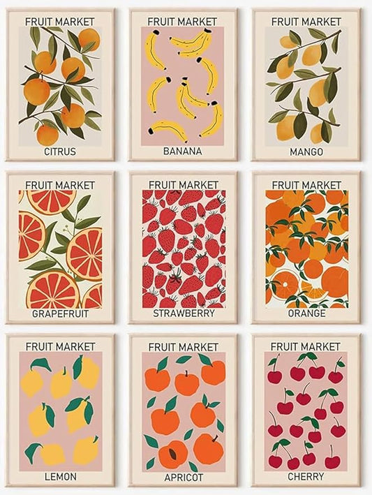 KBKBART Fruit Market Wall Art Print Set of 9, Abstract Colorful Posters, Prints Lemon Orange Banana Strawberry Mango Grapefruit Kitchen Gallery Decor, Canvas Paintings for Dining Room,