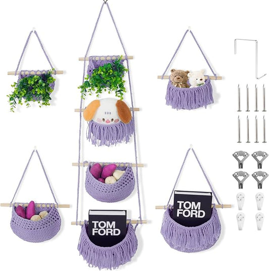 4 Tier Hanging Fruit Basket for Kitchen, Purple Boho Cotton Crocheted Produce Holder for Bathroom Bedroom, Detachable Wall Hanging Basket Shelves Over Door Organizer for Fruit Veggie Plant