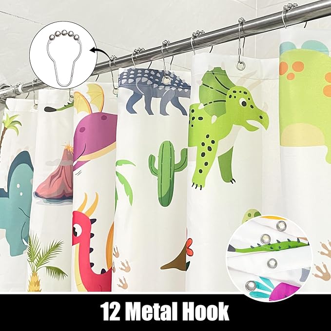 Kids Bathroom Ocean Shower Curtain, Funny Cartoon Dinosaur and Undersea Whale Shower Curtain Set with 12 Hooks, Home Decor Bath Accessories for Boys Girls 72x72 Inches