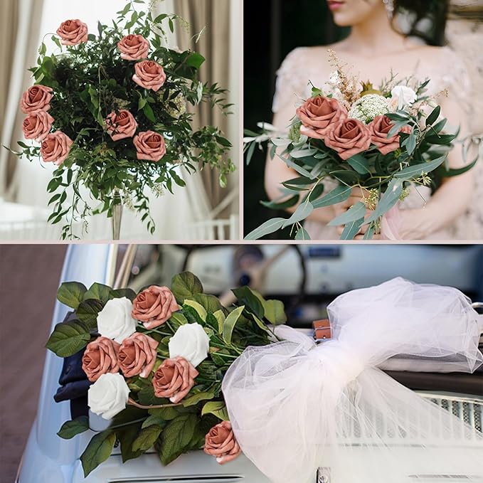 200PCS Warm Taupe Artificial Flowers Roses Real Looking Foam Fake Roses with Leaves for DIY Wedding Bouquets Bridal Shower Arty Decorations (Warm Taupe, 200)