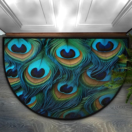 Half Round Doormat Indoor Entrance Mat Peacock Feathers Bathroom Carpet Absorbent Floor Mat Kitchen Mat for Home Front Door Patio Garage Welcome Mat
