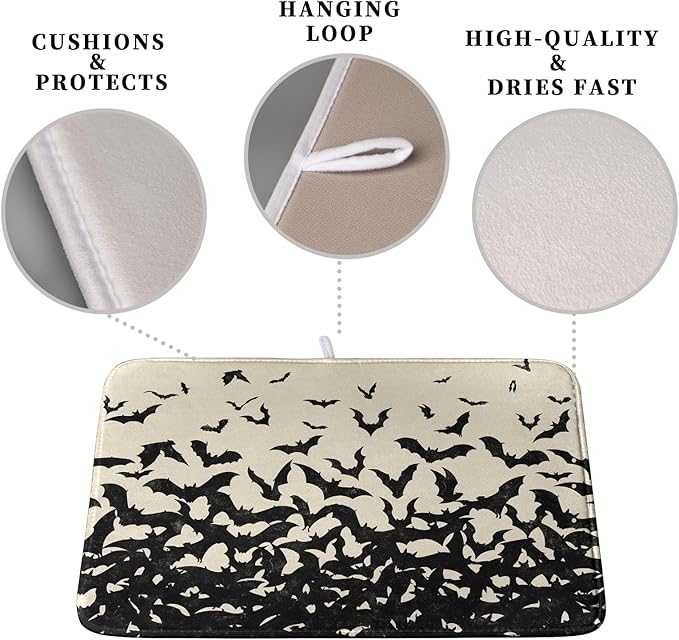 Halloween Bats Halloween Dish Drying Mat for Kitchen Counter 16x18 Inch Microfiber Absorbent Drying Mats Washable Dishes Drainer Mats Reusable Dish Rack Pad for Coffee Bar